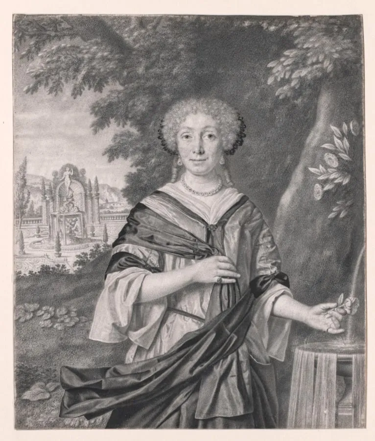 Portrait of a Woman near a Fountain, a Rose in Her Hand, by Johan Thopas, 1682