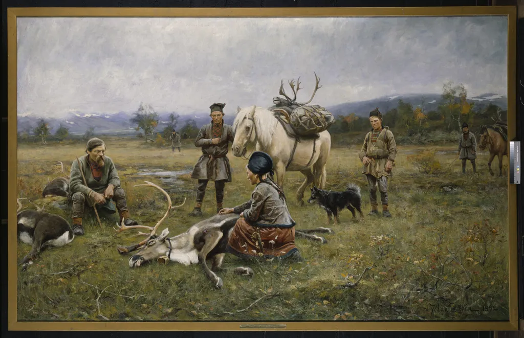 Sami Collecting Reindeer which have Been Shot, by Johan Tirén, oil, 1896