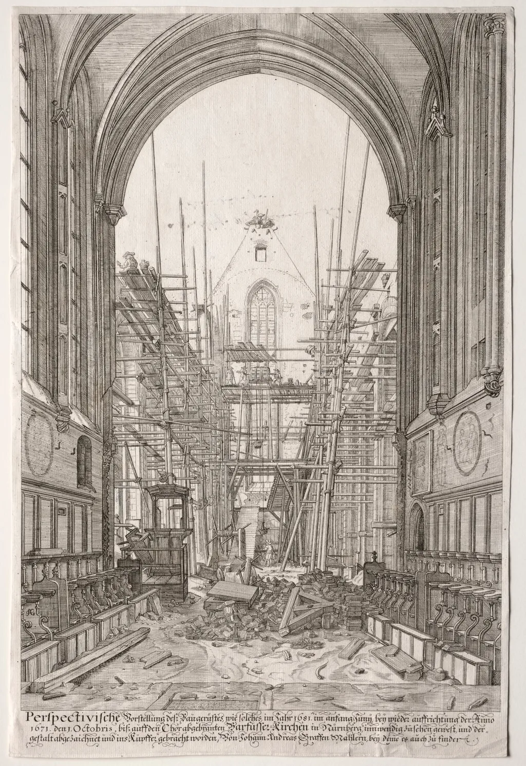 L'Art Ancien Zurich: View in the Church of the Franciscans, Barfüsser-Kirke, by Johan Ulrich Krauss, 1681
