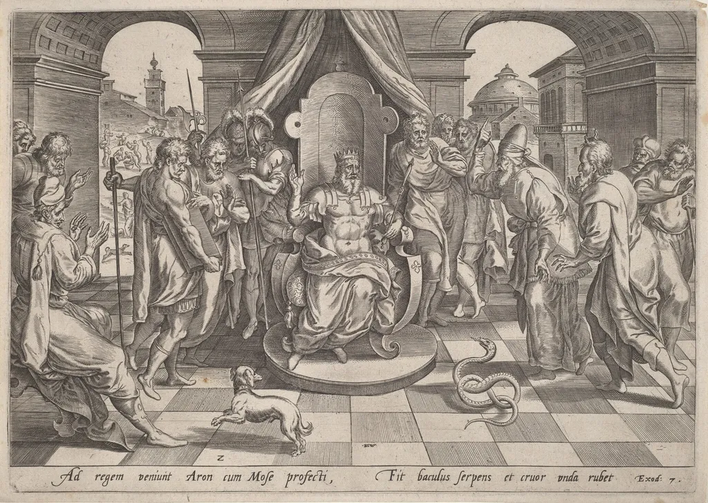 Moses and Aaron before the Pharaoh, by Johan Wierix, ink, 1585