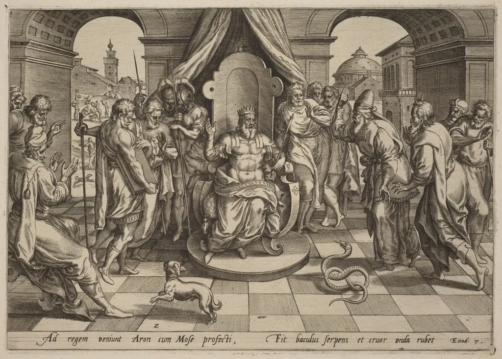 Moses and Aaron before the Pharoah, by Johan Wierix, ink, 1585