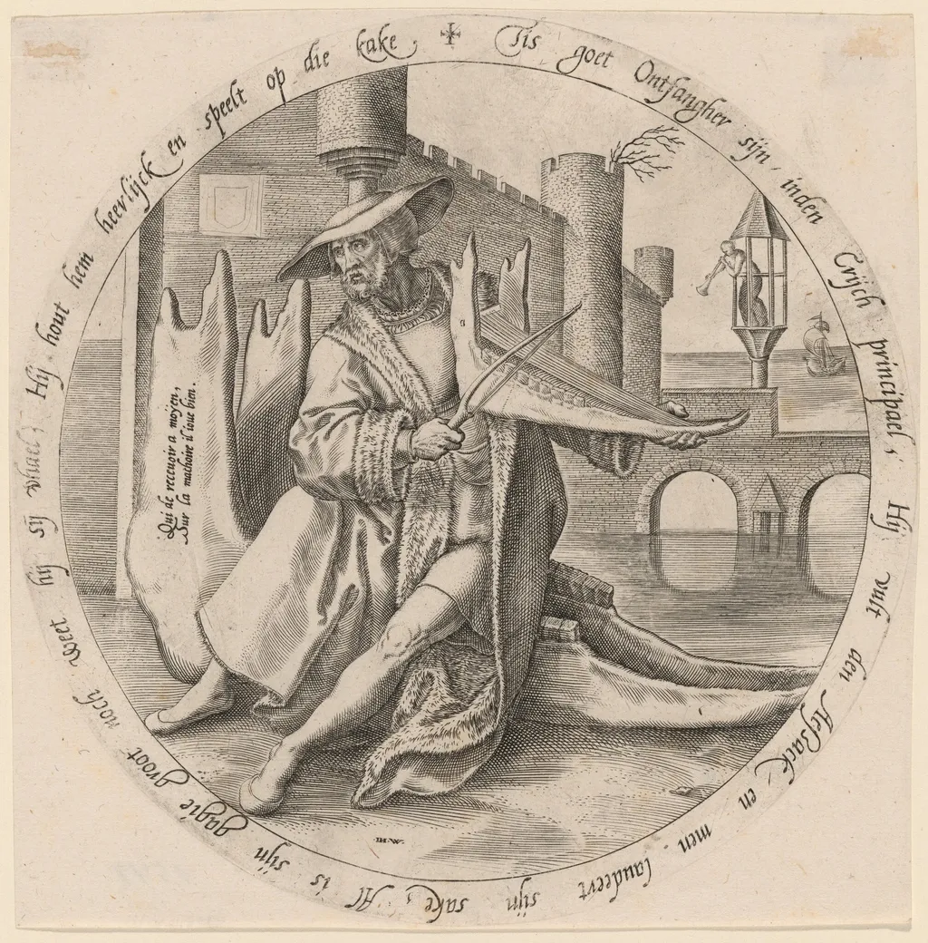 The Rich Man Playing Violin on a Jaw Bone, by Johan Wierix, ink, 1568