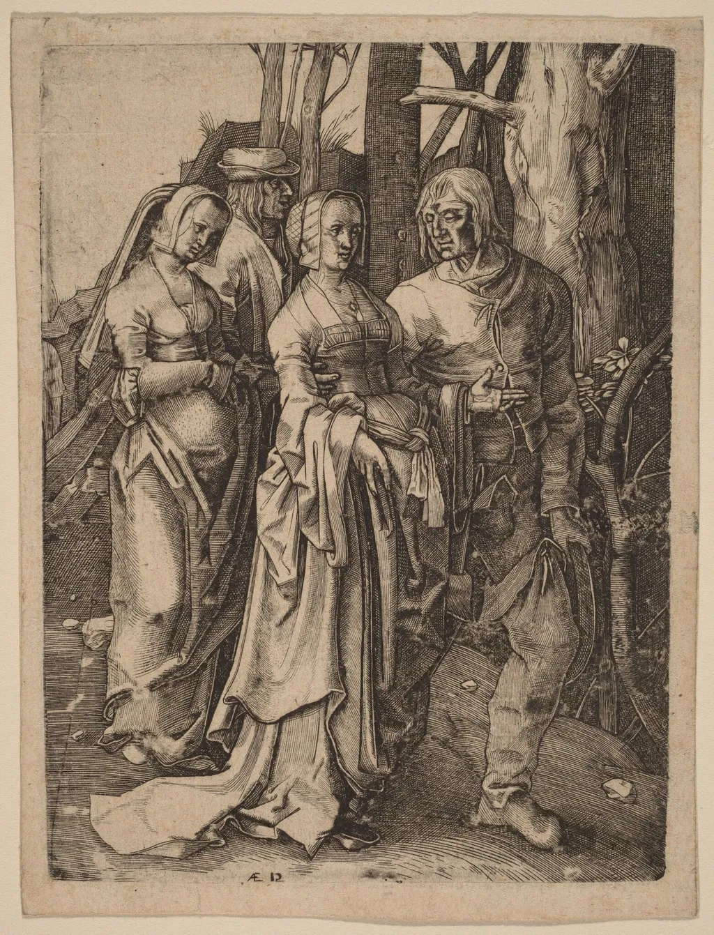 The Two Couples in the Forest, by Johan Wierix, ink, 1586
