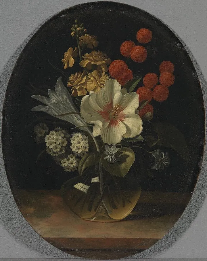 Bouquet with an hibiscus and a crocus, by Johann Adalbert Angermayer, oil, 1707
