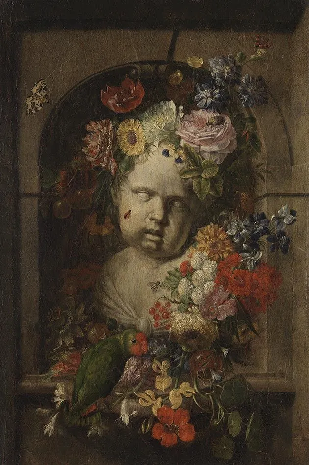 Bust of a child in a flower-decorated niche, by Johann Adalbert Angermayer, oil, 1703