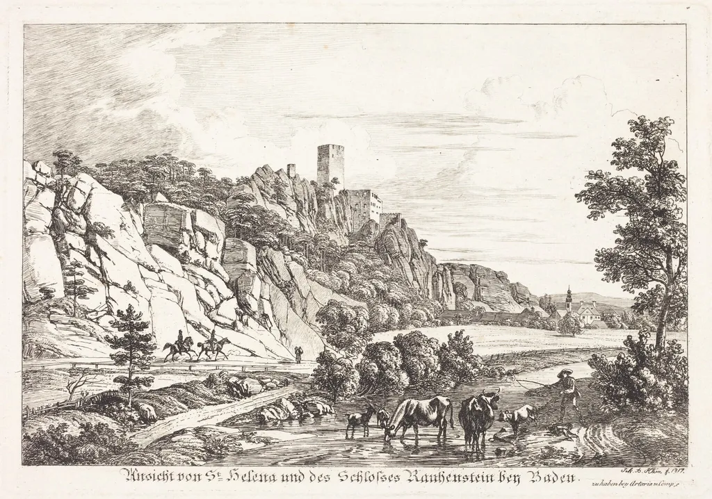 Ansicht von St. Helena und des Schlosses Rauhenstein bey Baden, by Johann Adam Klein, ink, 1817