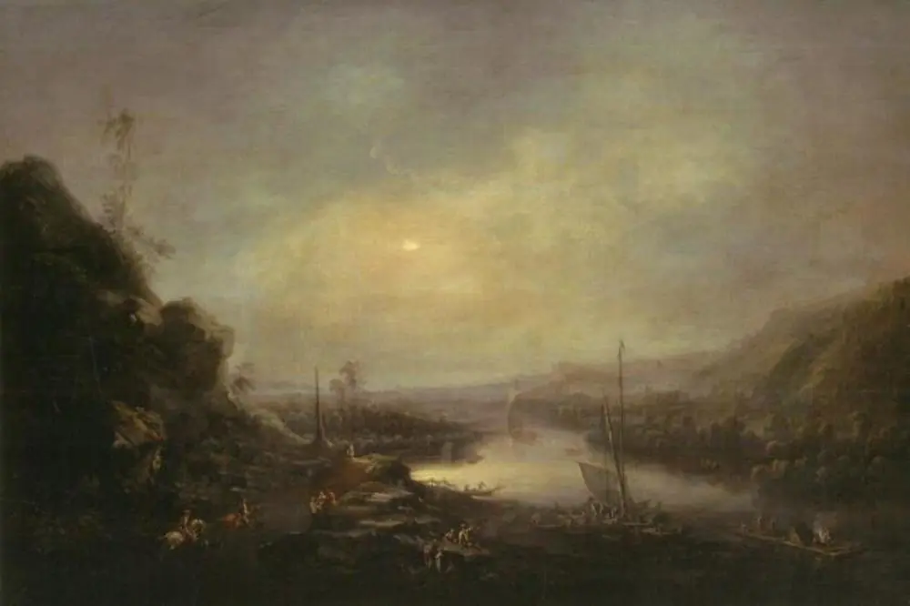 View of the river Elbe at Sörnenwitz with the sun rising in the frosty morning, by Johann Alexander Thiele