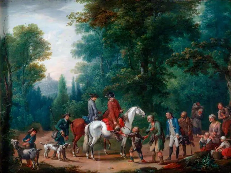 Landscape with Huntsmen and Beggars, by Johann Andreas Herrlein