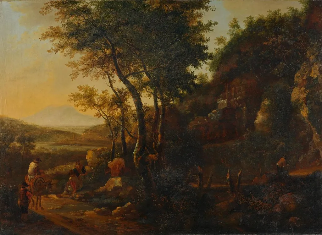 Komponierte Landschaft mit Bauern und Esel, by Johann Balthasar Bullinger, oil, 1763