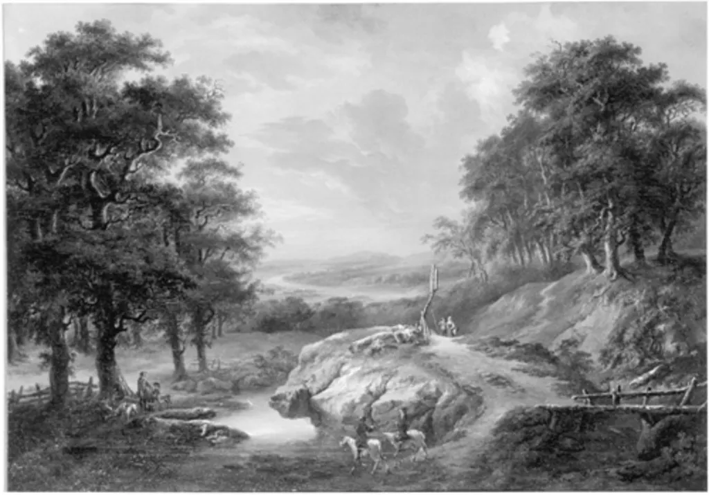 Komponierte Waldlandschaft mit Jägern, by Johann Balthasar Bullinger, oil, 1763