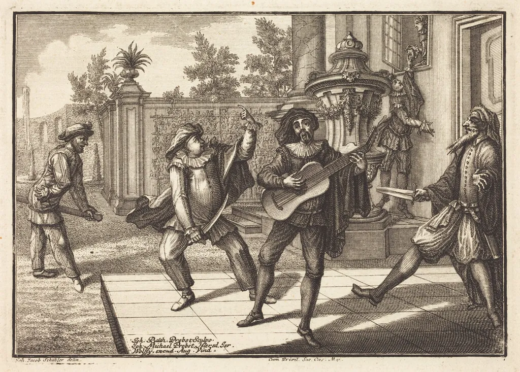 Scaramouche Distracts Pantalon, by Johann Balthasar Probst, ink, 1729