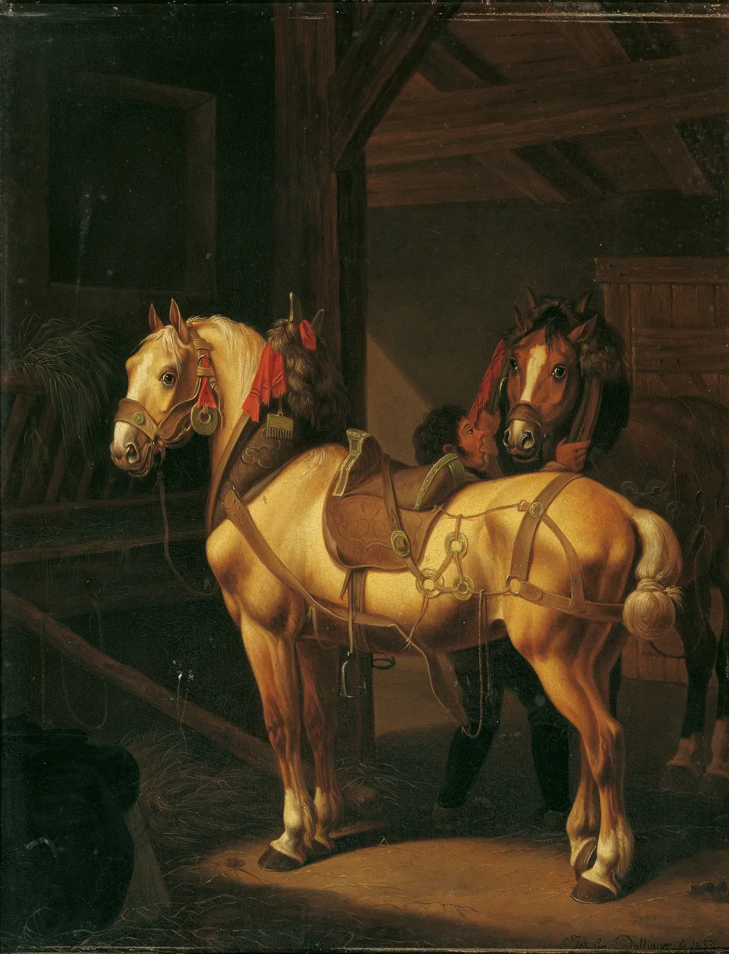 Two draft horses in the stable, by Johann Baptist Dallinger von Dalling, oil, 1832