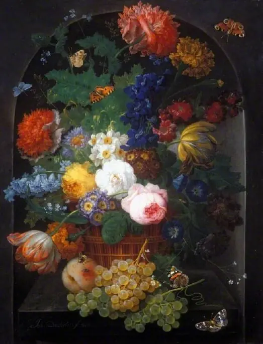 A basket of flowers with fruit, by Johann Baptist Drechsler