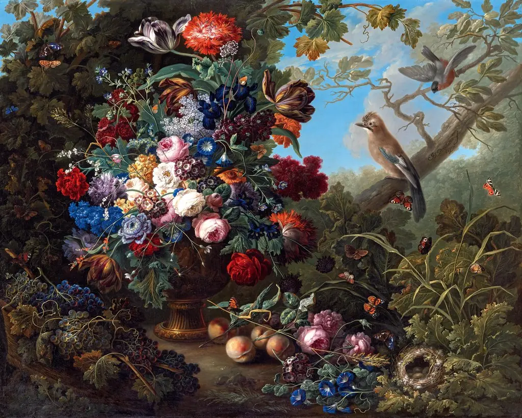 Large Floral Still Life with Birds, by Johann Baptist Drechsler