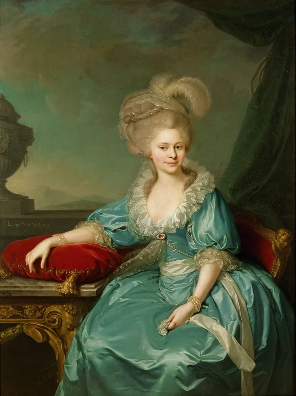 Elisabeth Wilhelmine von Württemberg (1767-1790), 1. Gemahlin von Franz II. (I.), an einem Tisch sitzend, Kniestück, by Johann Baptist von Lampi the Elder, oil, 1793