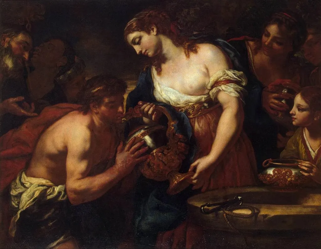 Eleazar and Rebekah at the Well, by Johann Carl Loth, oil, 1670