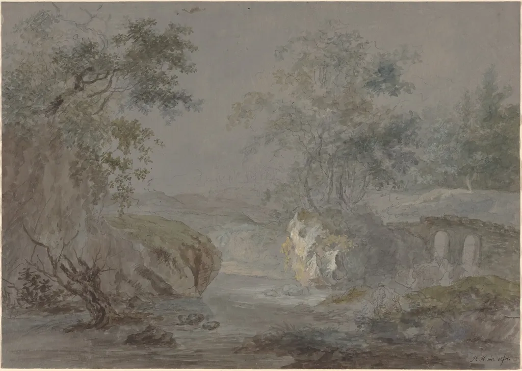 Wooded Cliffs along a Riverbank, by Johann Caspar Huber, chalk, 1796