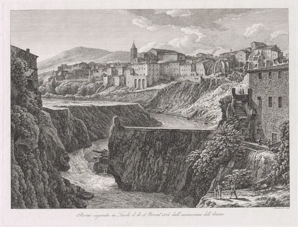Rovine cagionate in Tivoli, dall'escrescenza dell'Aniene (Tivoli Damaged by the Flood of the River Aniene), by Johann Christian Reinhart, ink, 1826