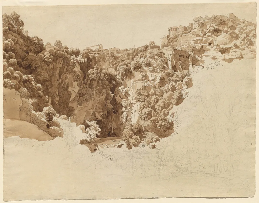 Tivoli and the Temple of the Sibyl above the Aniene Gorge, by Johann Christian Reinhart, ink, 1796