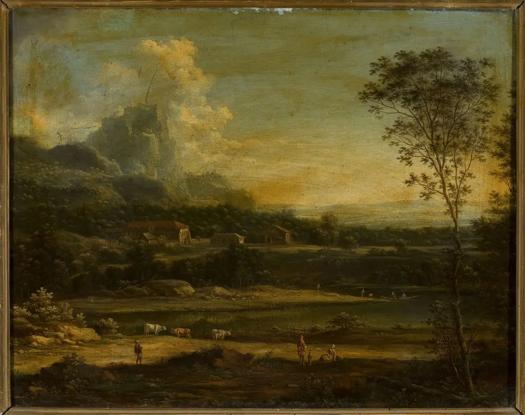 Mountain landscape with a lake and buildings, by Johann Christian Vollerdt
