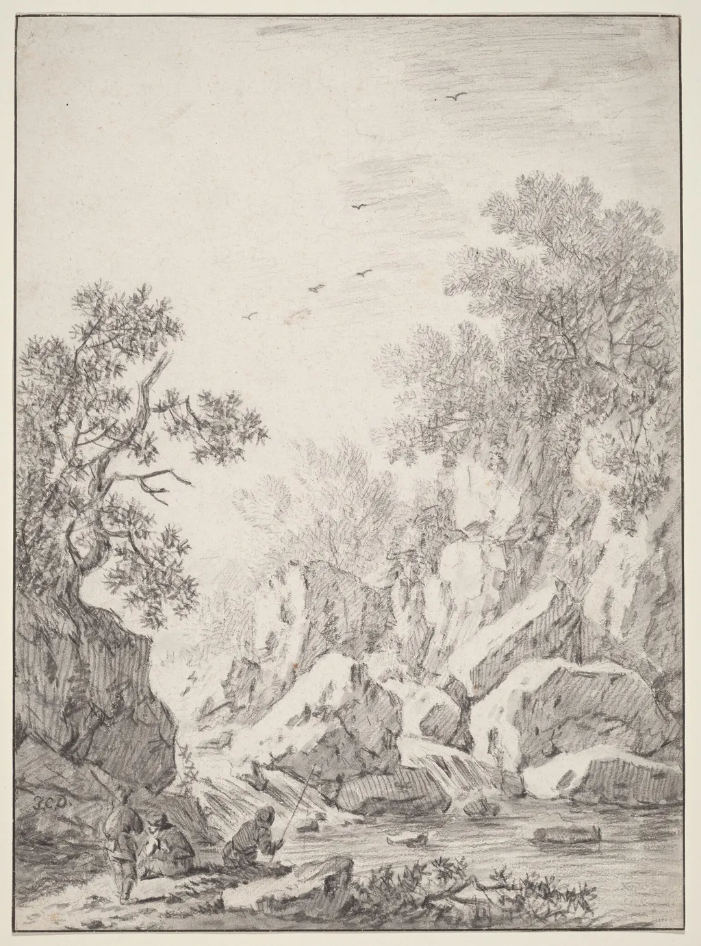 A Waterfall by Rock Cliffs, by Johann Christoph Dietzsch, chalk, 1754