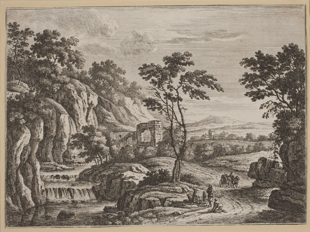 Landscape with Ruins and a Waterfall, by Johann Christoph Dietzsch, ink, 1740