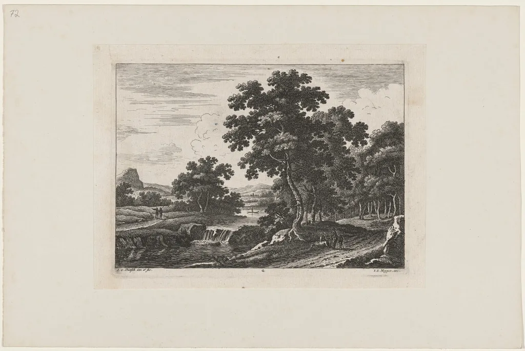 Traveler by a Waterfall, by Johann Christoph Dietzsch, ink, 1734