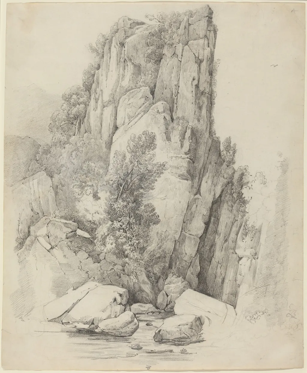 Rock Cliffs above a Stream, by Johann Christoph Erhard, graphite, 1818