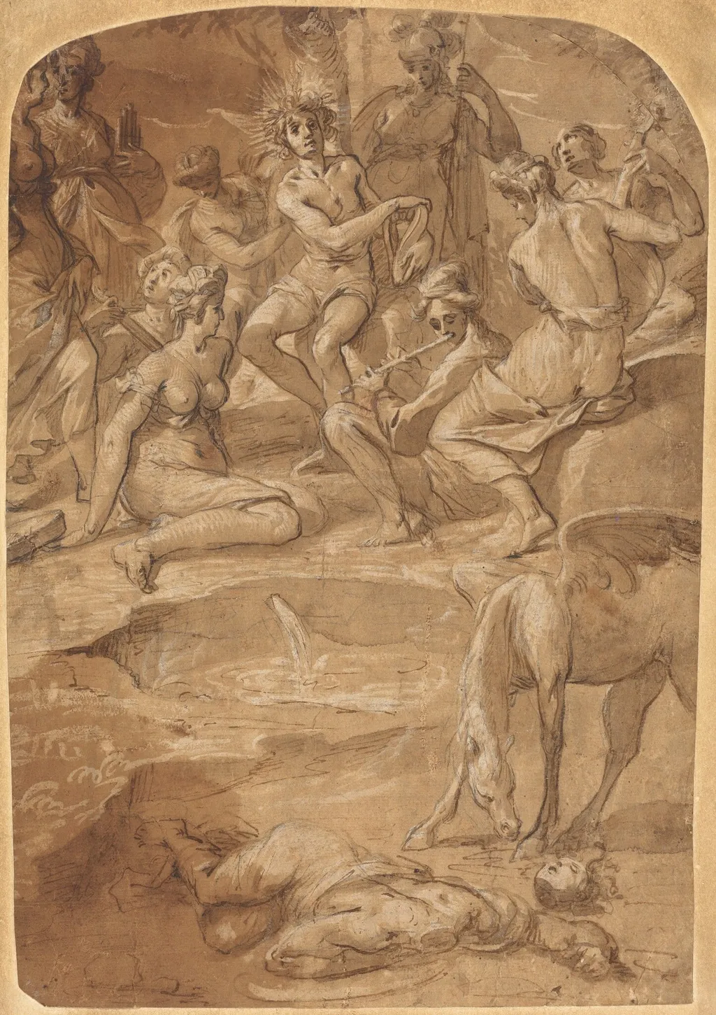 Apollo and the Muses on Mount Parnassus, by Johann Christoph Storer, ink, 1640