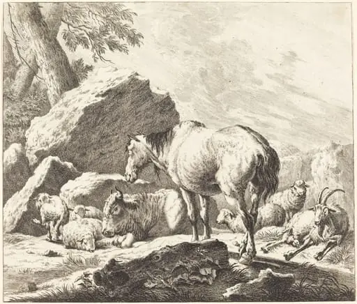 A Horse, Buffalo, Sheep, and Goat in an Italian Landscape, by Johann Elias Ridinger