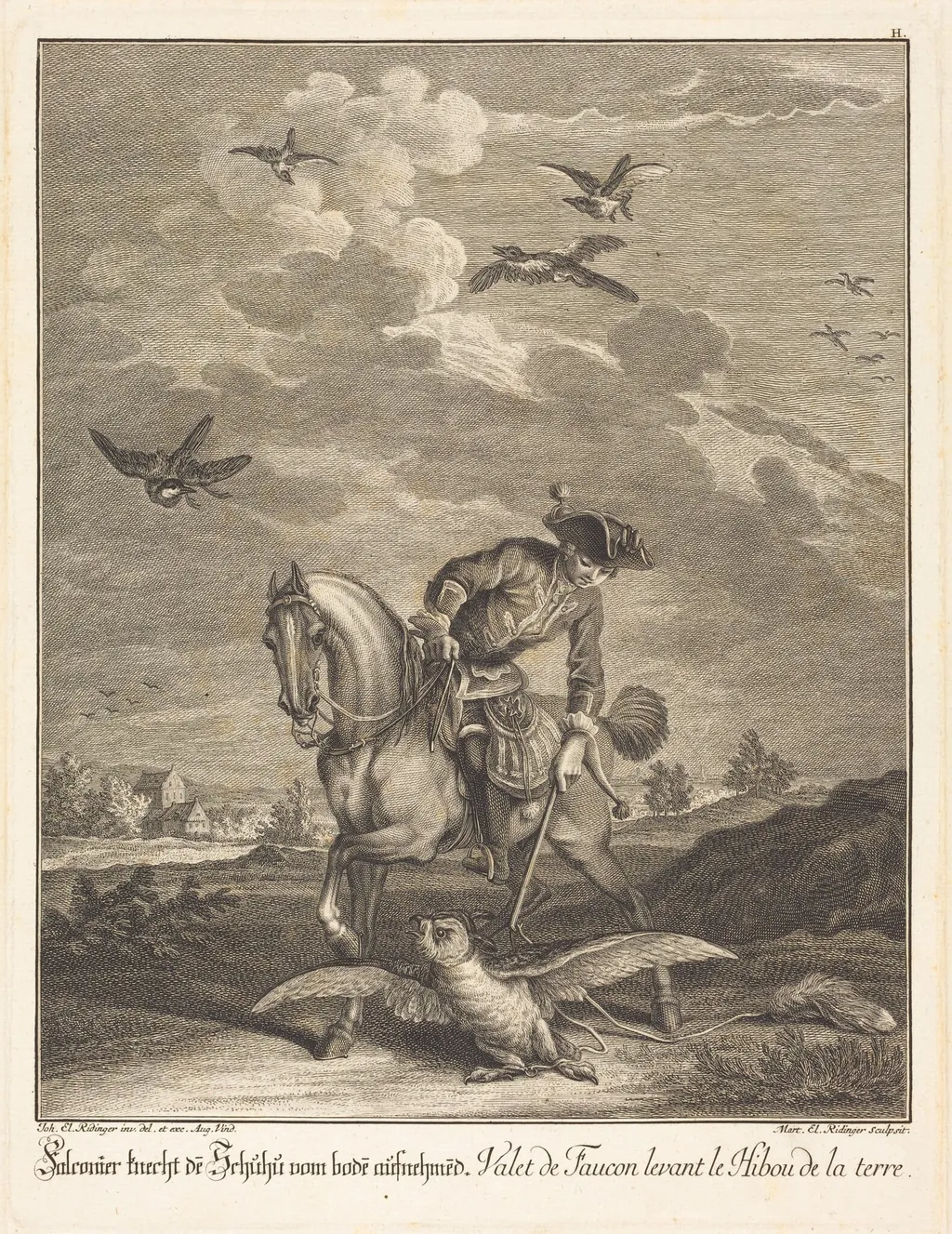 Falconeer Lifting an Owl from the Ground, by Johann Elias Ridinger, ink, 1732
