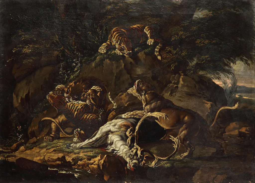 Predators and dead Deer, by Johann Elias Ridinger, oil, 1760