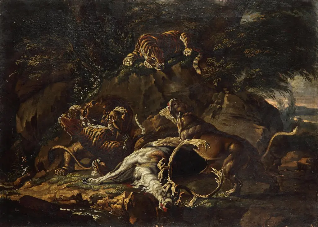 Predators and dead Deer, by Johann Elias Ridinger