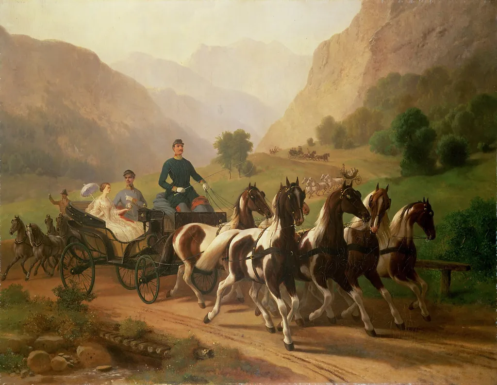 Kaiser Franz Joseph (1830 - 1916) und seine Braut bei einer Ausfahrt in der Umgebung von Ischl, by Johann Erdmann Gottlieb Prestel, oil, 1854