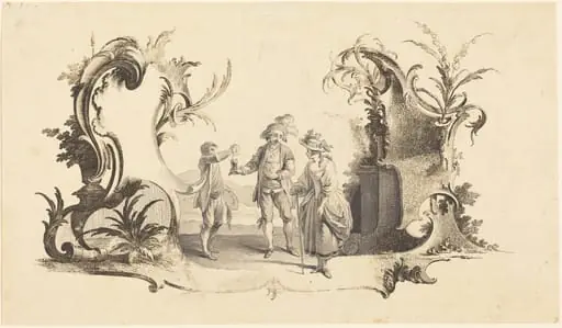Cartouche Moderne with a Young Couple Being Served Wine, by Johann Esaias Nilson