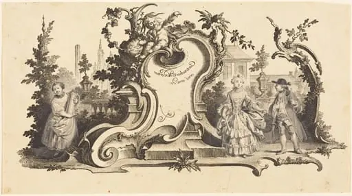 Cartouches Modernes orné avec des [diferentes Figures] (Plate VI-1 from the set), by Johann Esaias Nilson