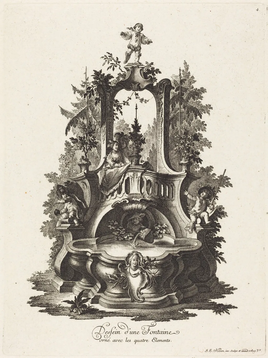 Dessein d'une Fontaine orné avec les quatre Elements (Design for a Fountain Decorated with the Four Elements), by Johann Esaias Nilson, ink, 1758