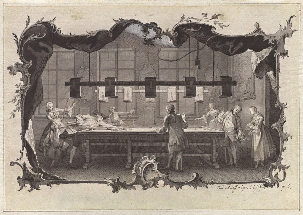 Ladies and Gentlemen Playing Billiards, by Johann Esaias Nilson, ink, 1756