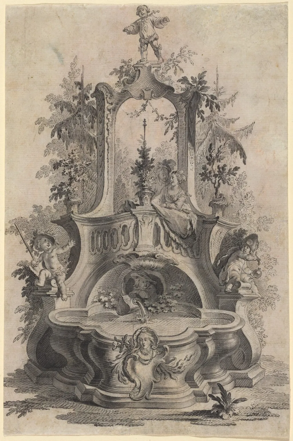 Rococo Fountain with Lovers and the Four Elements, by Johann Esaias Nilson, ink, 1754