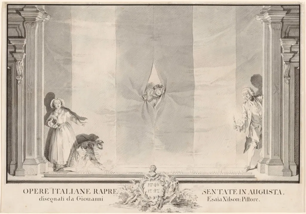 Two Actors Peeking through a Theater Curtain while Others Prepare the Footlights, by Johann Esaias Nilson, ink, 1754