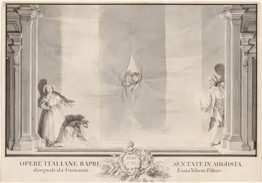 Two Actors Peeking through a Theater Curtain while Others Prepare the Footlights, by Johann Esaias Nilson