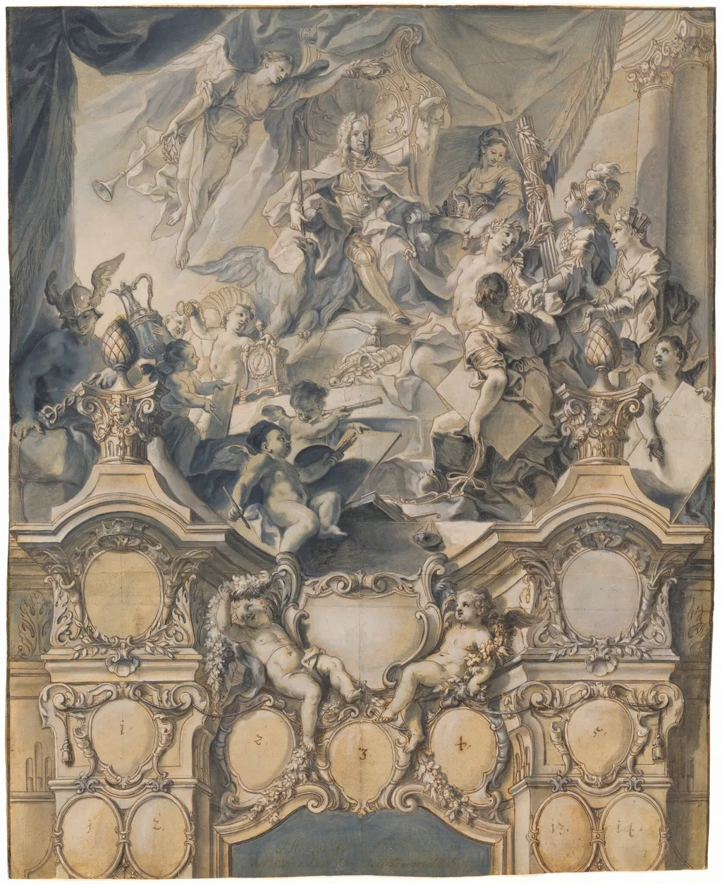 The Arts and Powers Pay Homage to Emperor Charles VI, by Johann Evangelist Holzer, ink, 1732