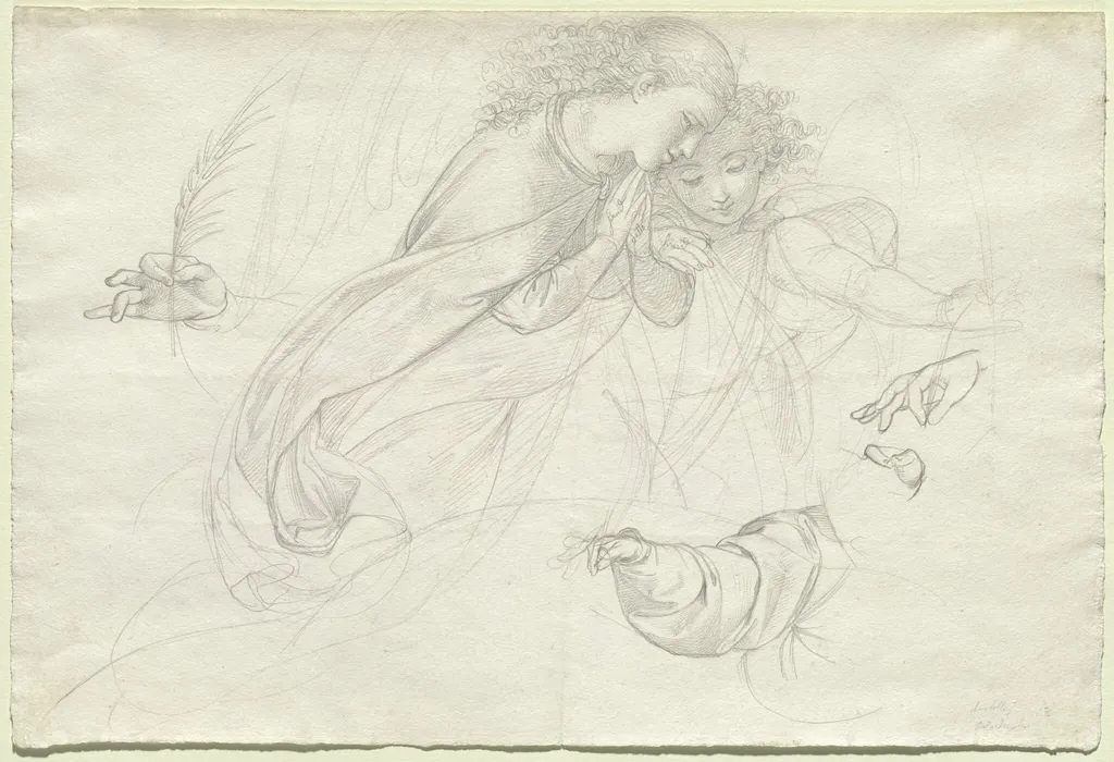 Two Grieving Angels (verso), by Johann Evangelist Scheffer von Leonhardshoff, graphite, 1821