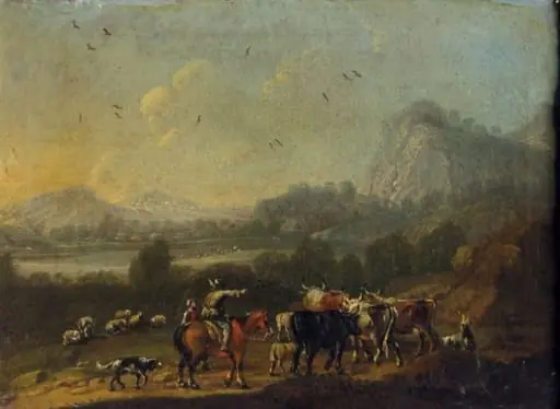 Peisaj cu păstori și țărănci ; pandant: Peisaj cu vite, by Johann Ferdinand Kien