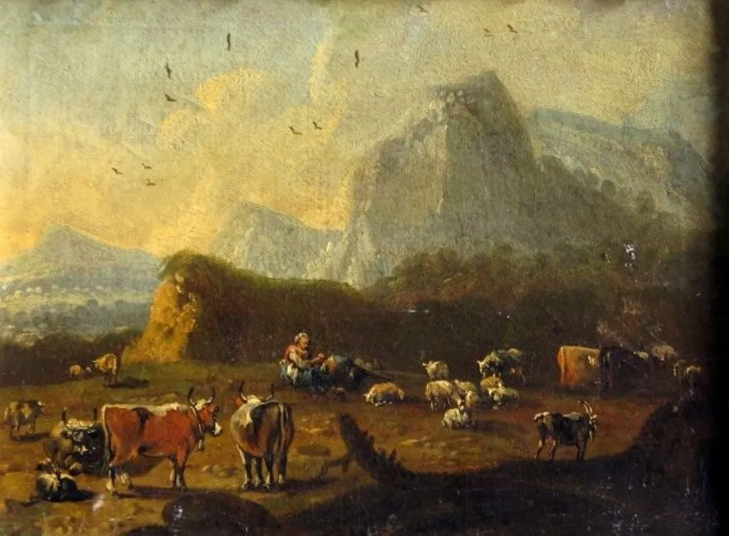 Peisaj cu vite ; pandant: Peisaj cu păstori și țărănci, by Johann Ferdinand Kien, unspecified