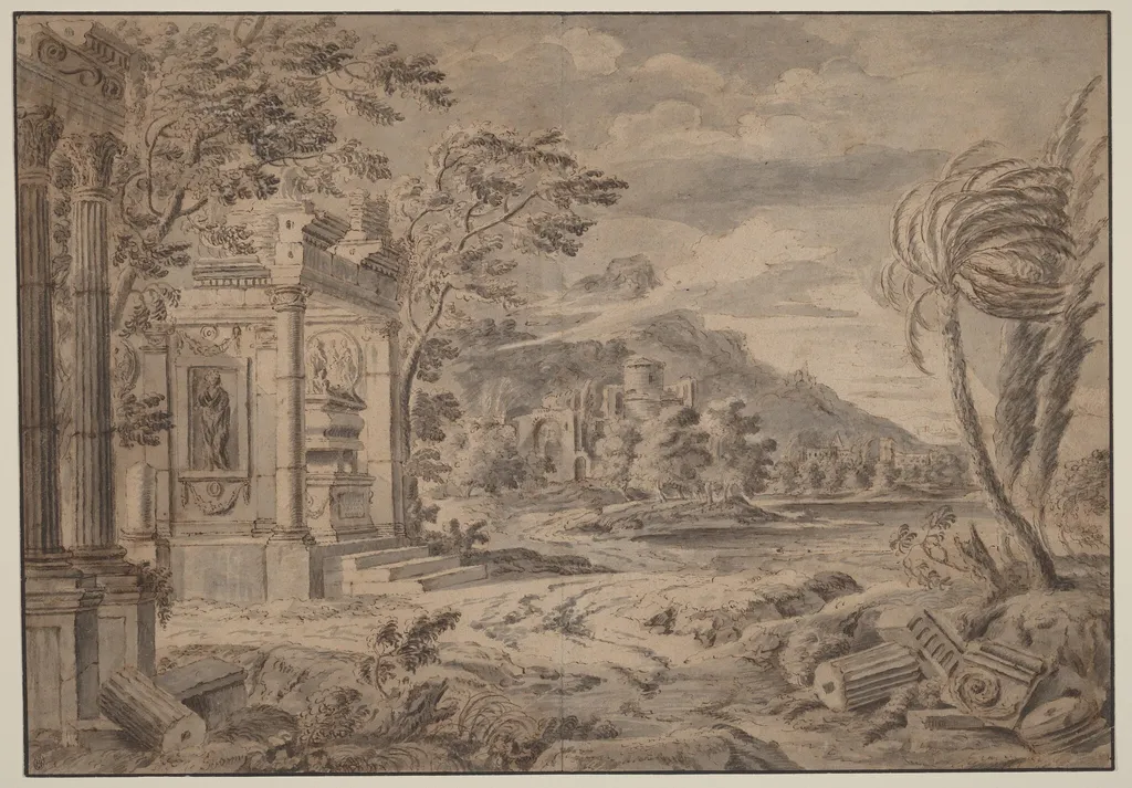 Antique Ruins along a Mountain Coast, by Johann Franciscus Ermels, ink, 1674