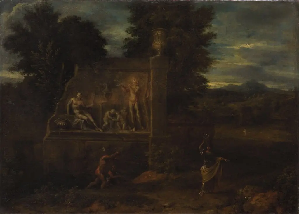 Landschaft mit einem Grabmal und Staffage, by Johann Franz Ermels