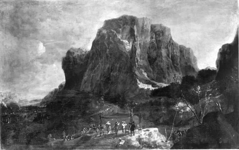 Mountainous landscape with hunters, by Johann Franz Ermels