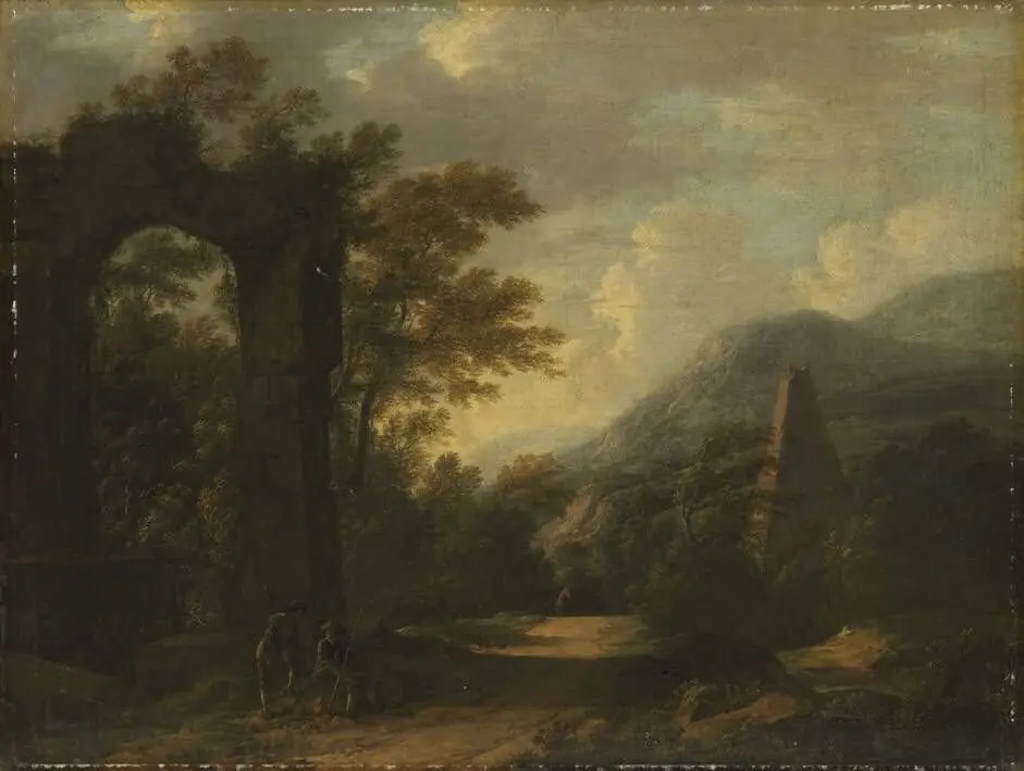 Mountainous landscape with the ruin of an aqueduct and a pyramid, by Johann Franz Ermels