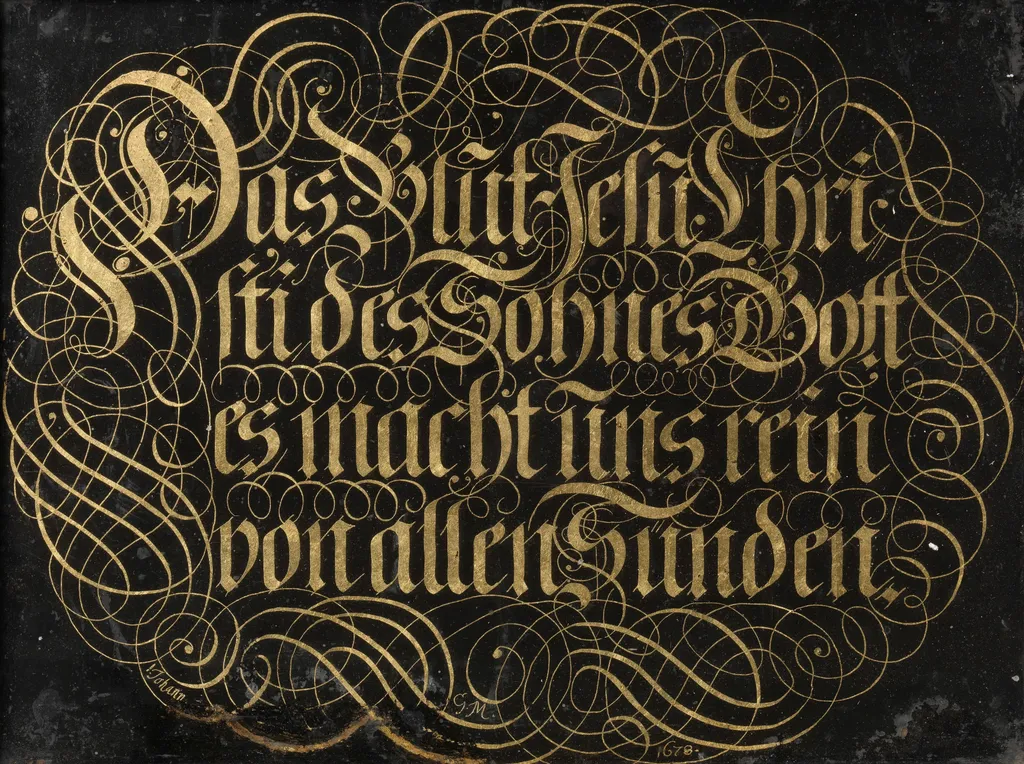 Behind-Glass Painting with Calligraphed Saying: The Blood of Jesus Christ the Son of God Purifies us from all Sin, by Johann G. M, unspecified, 1690
